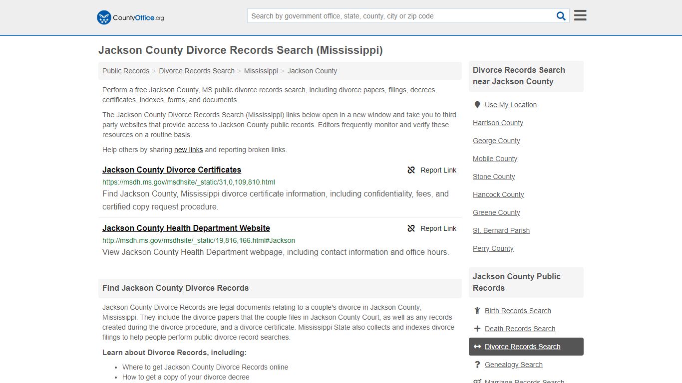 Jackson County Divorce Records Search (Mississippi)