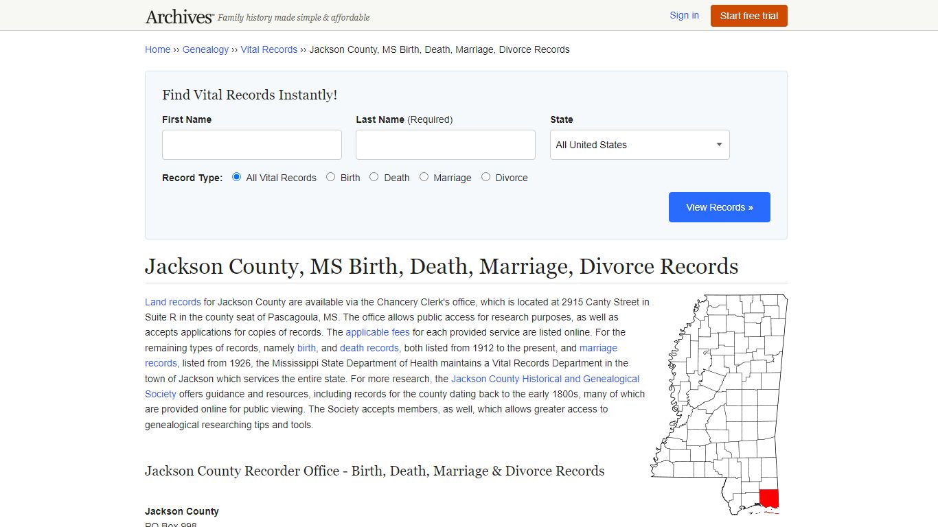 Jackson County, MS Birth, Death, Marriage, Divorce Records - Archives.com